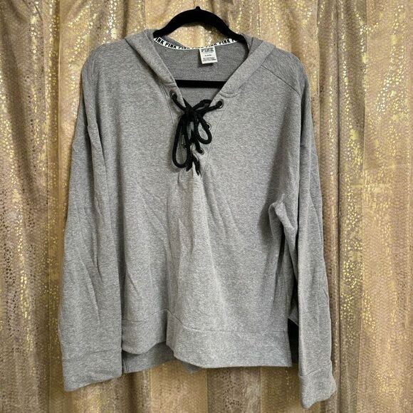 PINK Victorias Secret Soft Stertchy Gray Love Pink Lace Up Hooded Sweater Medium - Picture 2 of 8
